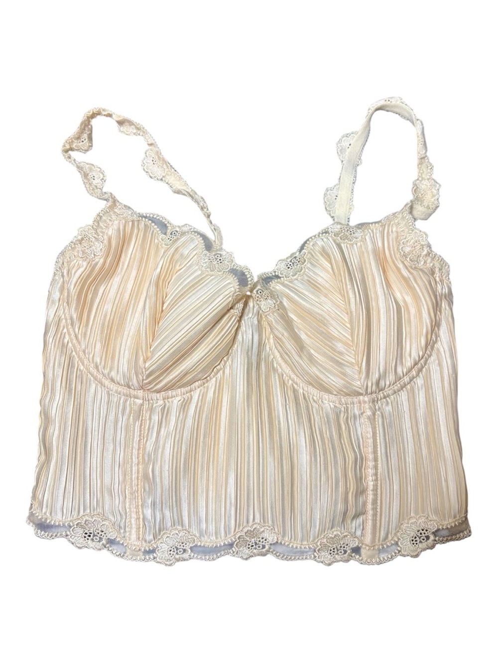 LA PERLA 1996 Ivory Pleated Satin Bustier with Embroidered Lace Flowers